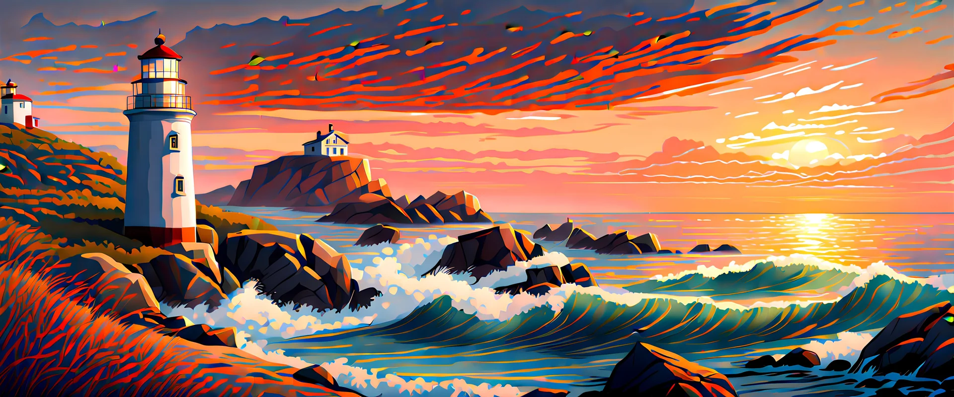 coastal, intricated details, sunset, hill background, lighthouse, realistic painting style, dramatic lighting