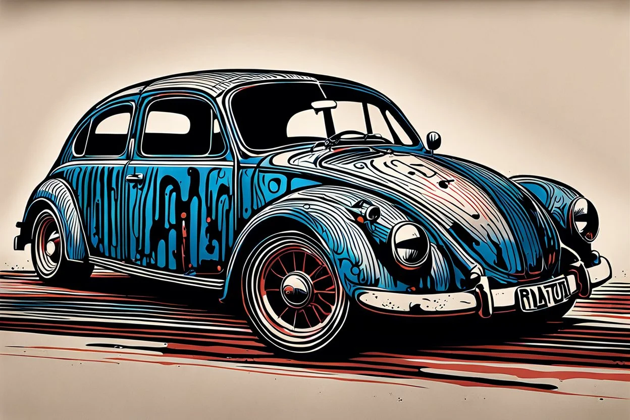 create an abstract, colored linocut of a battered and beaten Volkwagen beetle rat rod with highly detailed and deeply cut features, lost in a horrific post apocalyptic world, in the style of KATHE KOLLWITZ , searing lines and forceful strokes