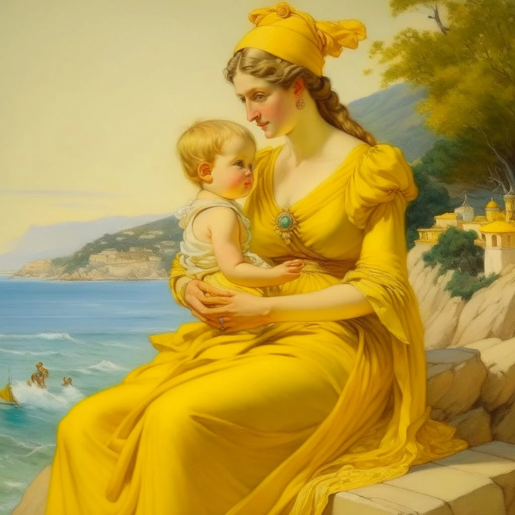 Neoclassicism realistic yellow cote d'azur sea woman with child