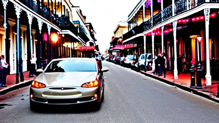 A Tesla's 'Model S Plaid' is racing at top speed, across the 'French Quarter' in New Orleans, Louisiana. CINEMATIC. WIDE ANGLE LENS.