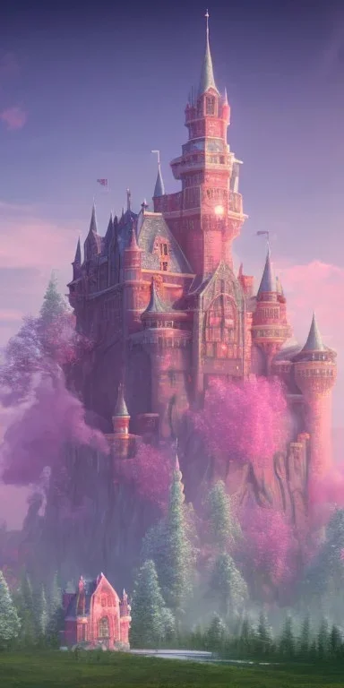 Ice cube shaped castle. pink houses, pink sky, pink smoke, trees, outdoors. street.