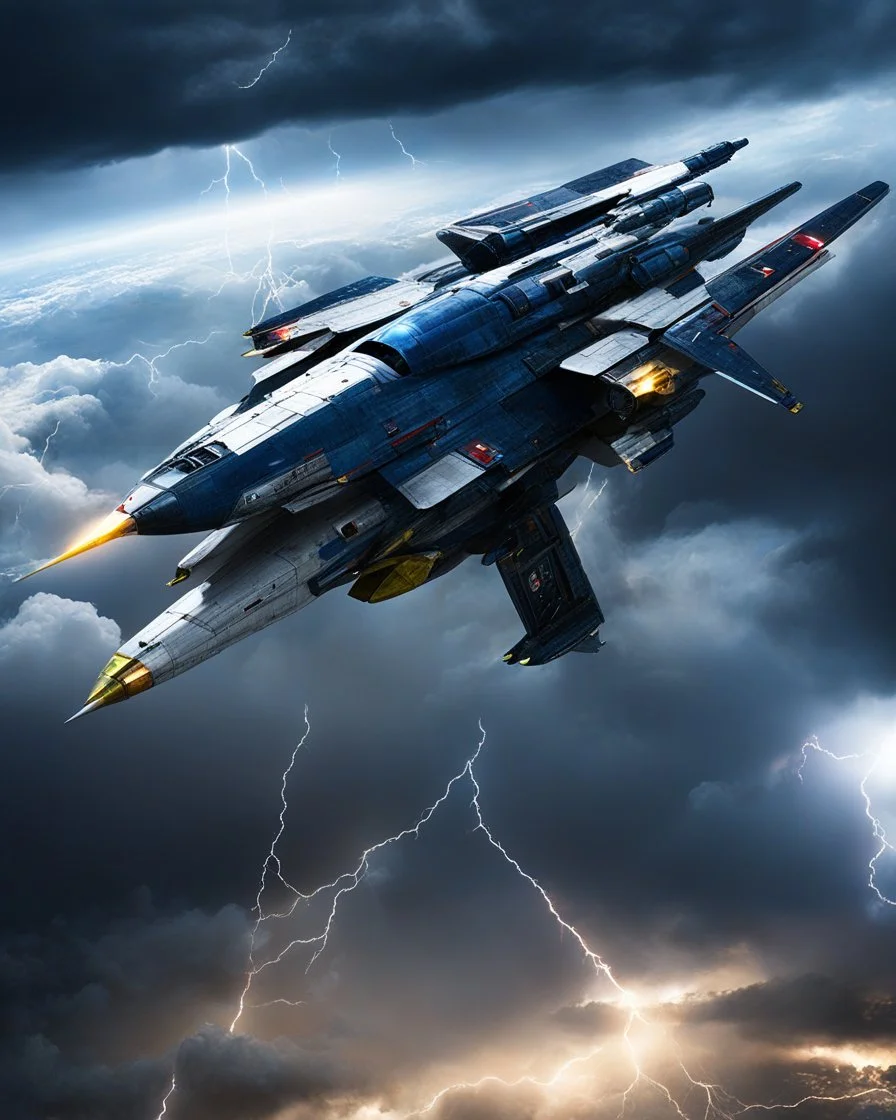 Realistic photography from view long distance full length image showing all design of faced view a small futuristic fighter Shukoi 57 Russia gundam spaceship metallic shiny variant colors and more interesting spaceship that is flying above the thunderstorms, dramatic lightning strikes dark night clouds.