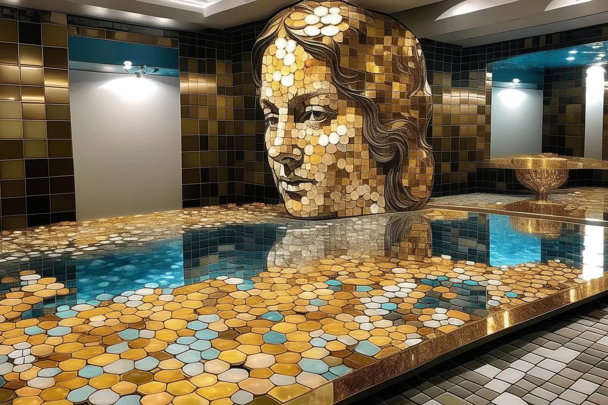 pool mosaic, 3D mirror pieces, beautiful composition, holographic marble pieces, brunette female, dessert shop, flowers, ethereal in sunshine, shading pastel and charcoal golden and ochre, golden glitter, , golden patina, corrosion