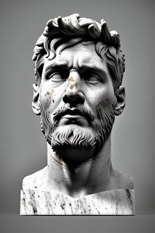 Ultra Realistic image, roman sculpture, white marble material, Lionel Messi, Laurel leaves wreath, miguel angel style, chisel style, emperador, waist up portrait, ultra hd, perfect texture, epic, celestial, cinematic lighting, God light, god rays, 4k resolution, smooth details, ornate details, soft lighting, unreal engine 5, sky and clouds background.