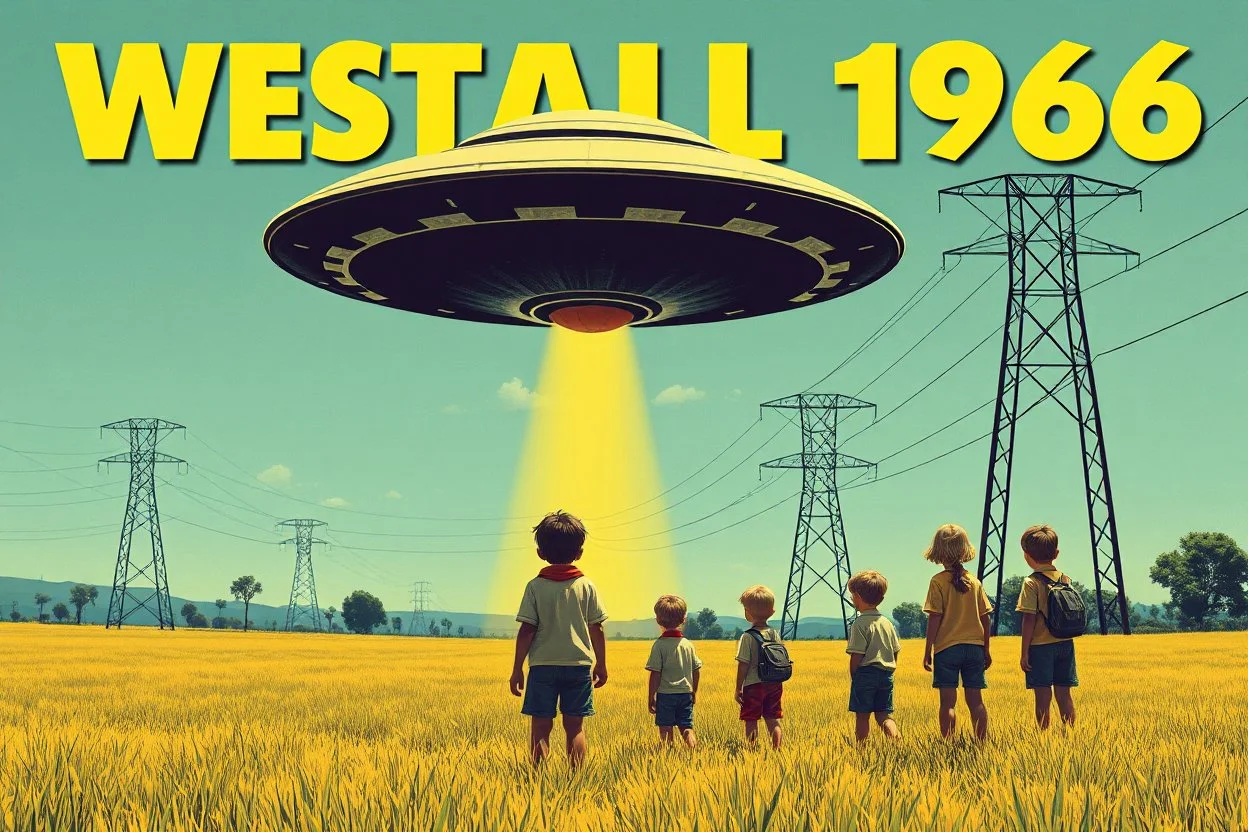 bumper sticker design, stange large flat ufo, in bold heading text "WESTALL 1966", lots of school children looking up in a field, high voltage powerlines and gumtree's in distance, mysterious summer vibe, bold, story book style