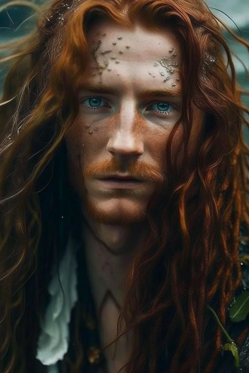 wet pirate nereid male with freckles and seaweed highlights in long auburn hair