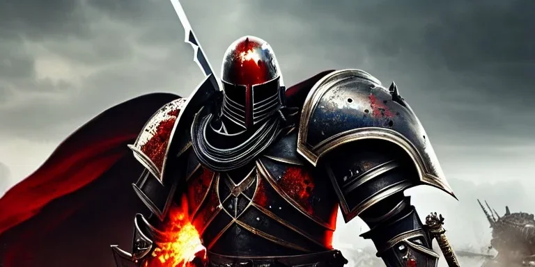 apocalypse, chaotic, magnificent, realistic, colorful, massive, epic, ray tracing, cinematic, 8k, HD, Ultra High Definition, photo film, film grain, hyper-detailed, old tarnished ornate rusty Hyper detailed Bloody Knight in battle