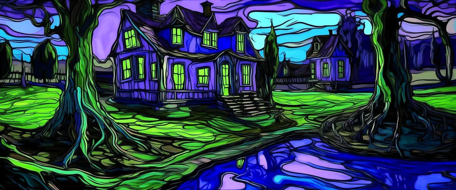 A violet haunted house near a swamp with ghosts painted by Vincent van Gogh