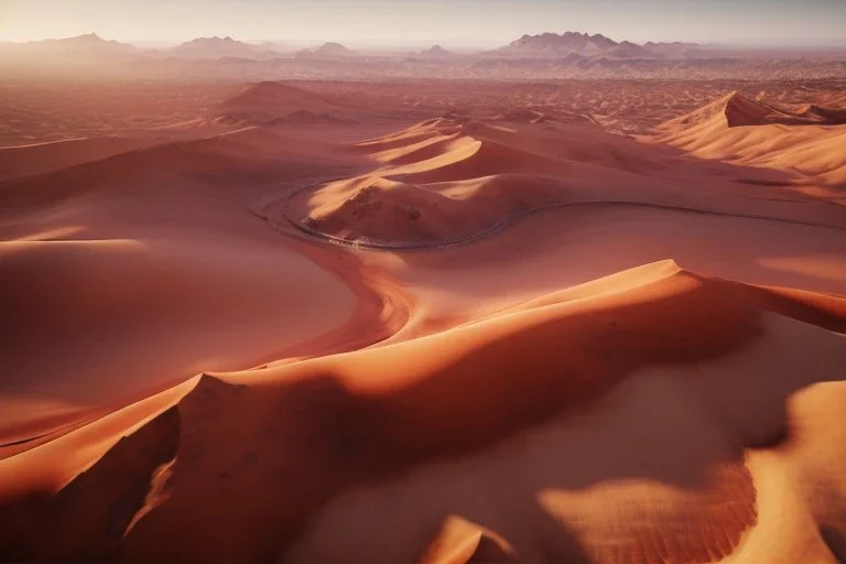 Extreme long shot, Birds Eye view, Arabic desert skyline, smooth, god rays, unreal engine 5, ray tracing, RTX, lumen lighting, ultra detail, volumetric lighting