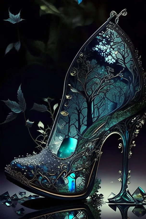 dark fantasy, intricate cover, a whimsical fairytale, shoe made of glass