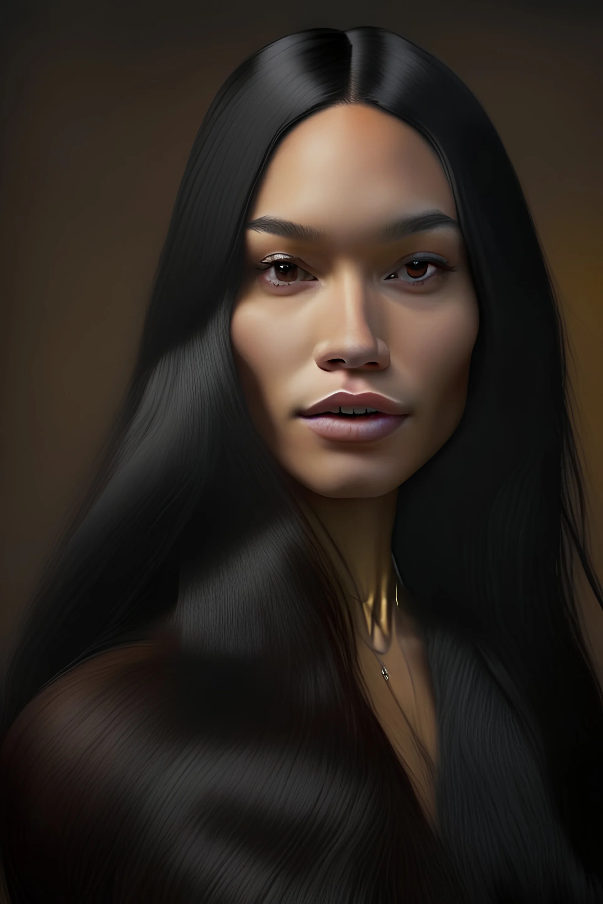 a mixed-race mulatto female with long straight black hair, charming , gray and amber