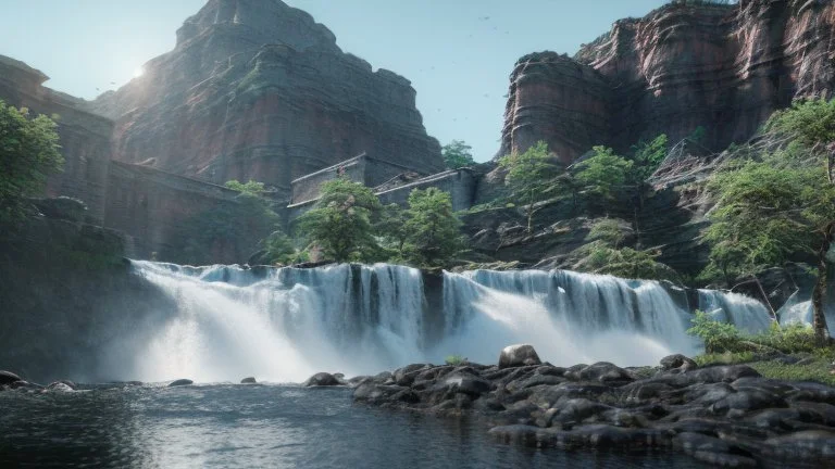 Sunny day, Epic waterfall landscape, rocks foreground