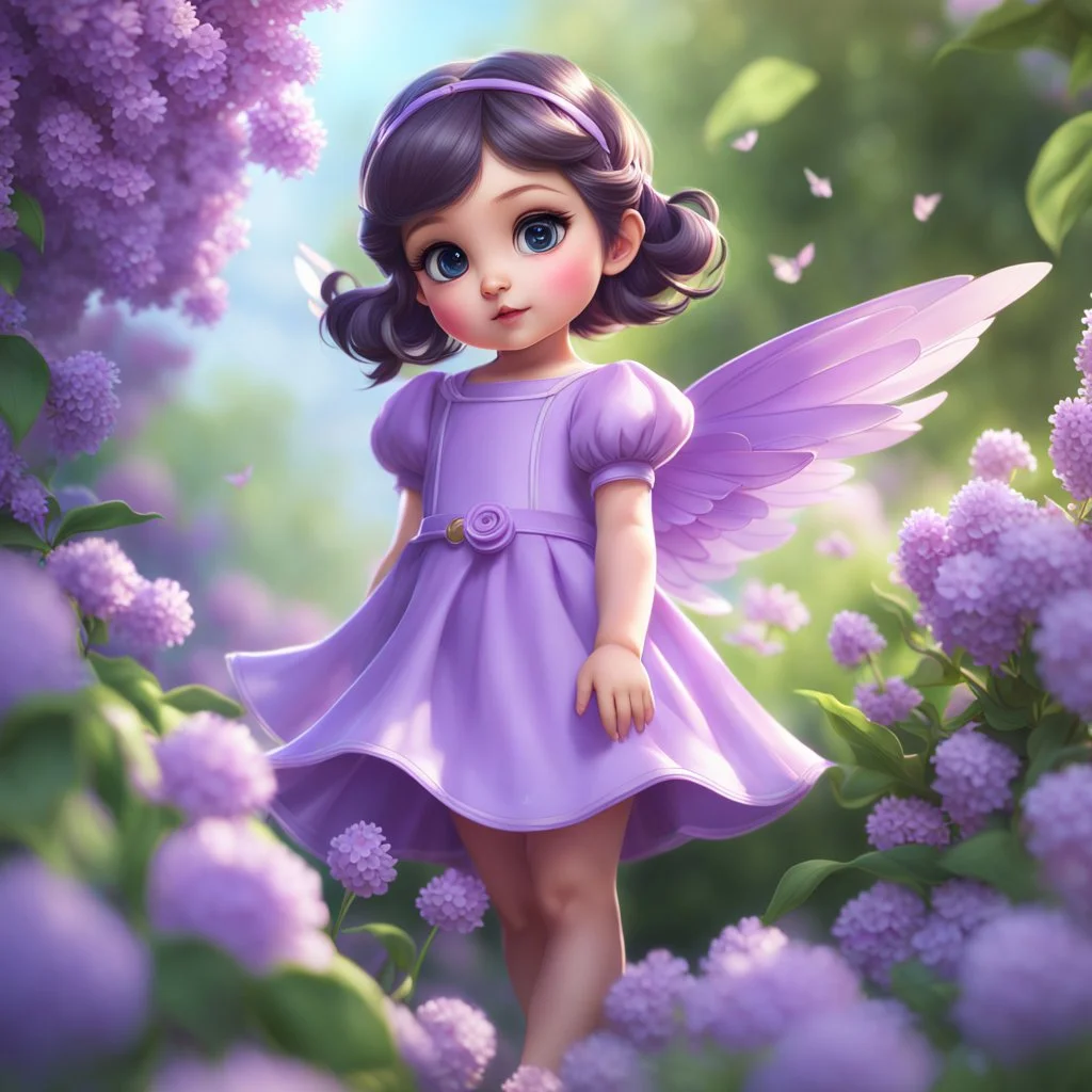 A little girl, with wings, adorable, big beautiful eyes, in a lilac dress, in lilac flowers, cartoon, chibi, close-up, bright colours, digital graphics, fantasy, unreal engine, blender art by artgerm, perfect composition, octane rendering, masterpiece, sharp focus, high detail, art station, concept art, perfect composition, a model of ultra-high quality and clarity, perfect play of light and shadow, 32k UHD, hyper-detailing, complex artistic maste