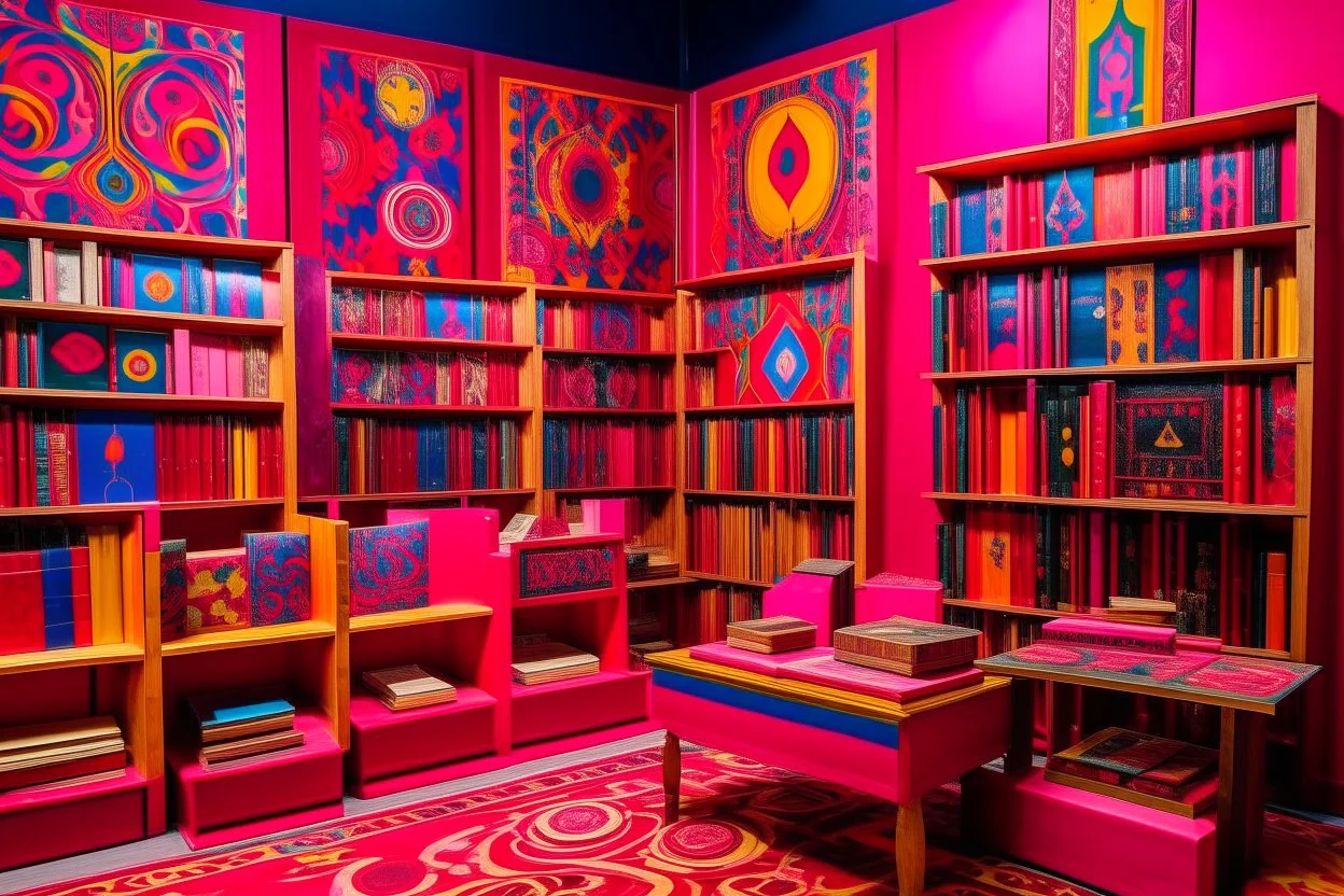 A magenta psychic library with telekinetic books designed in Kuna Molas painted by Wassily Kandinsky