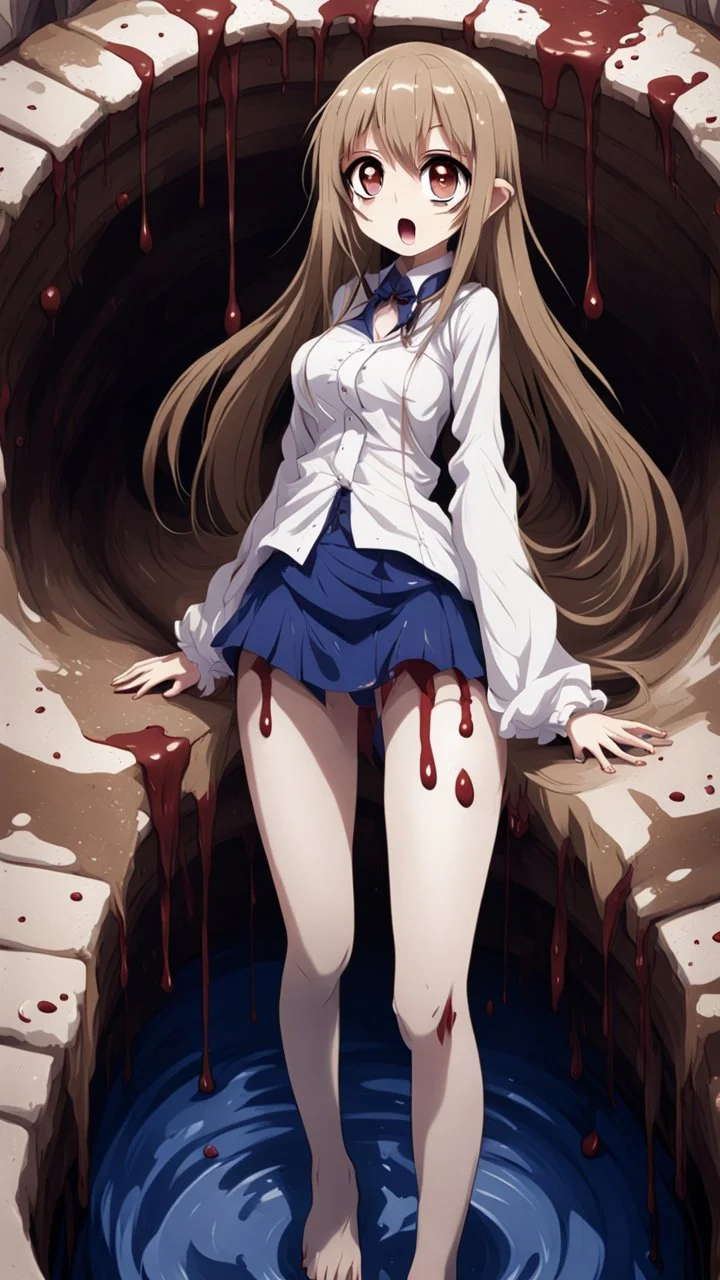 Anime girl with big eyes, darkblue and sepia tones, fullbody, slime, the perspective looking up from the bottom of an empty well, rolling eyes, tongue out, blood drip, open mouth, big thighs, long hair white,