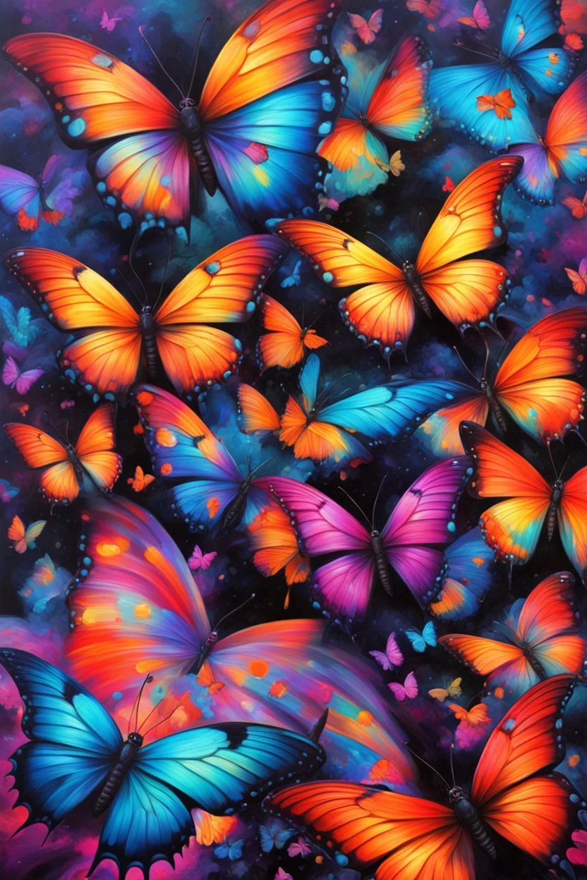 vibrant psychedelic oil painting image, airbrush, 64k, cartoon art image of background colorful and blacK BUTTERFLIES, dystopian