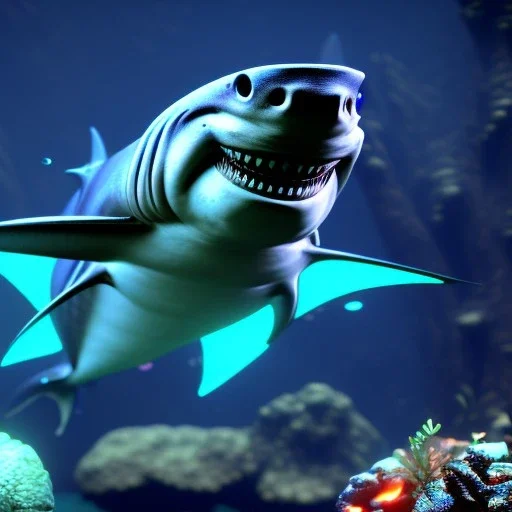 Aquatic shark creature with bioluminescent bodyparts, unreal engine 5, 8k resolution, photorealistic, ultra detailed