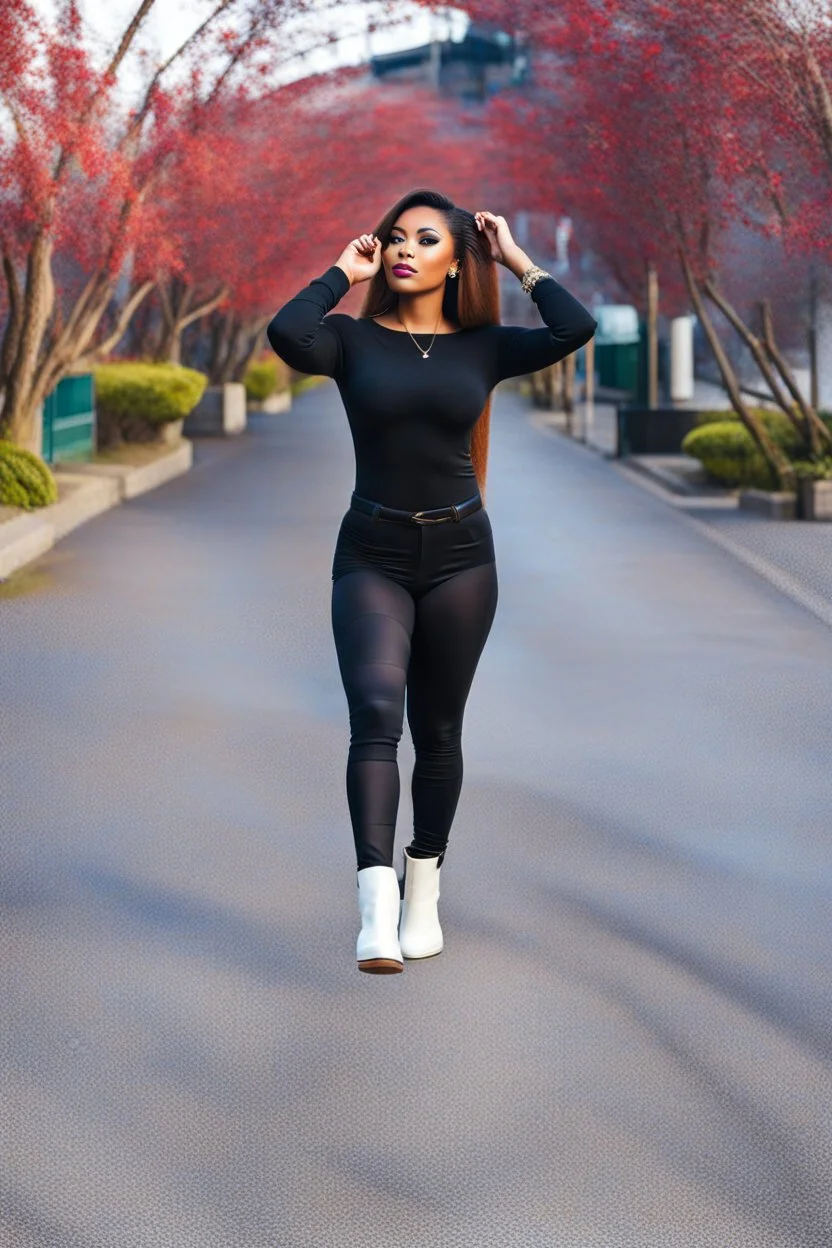 A full-body shot of a beautiful lady wearing shirt and tight pant with boots ,curvy hair