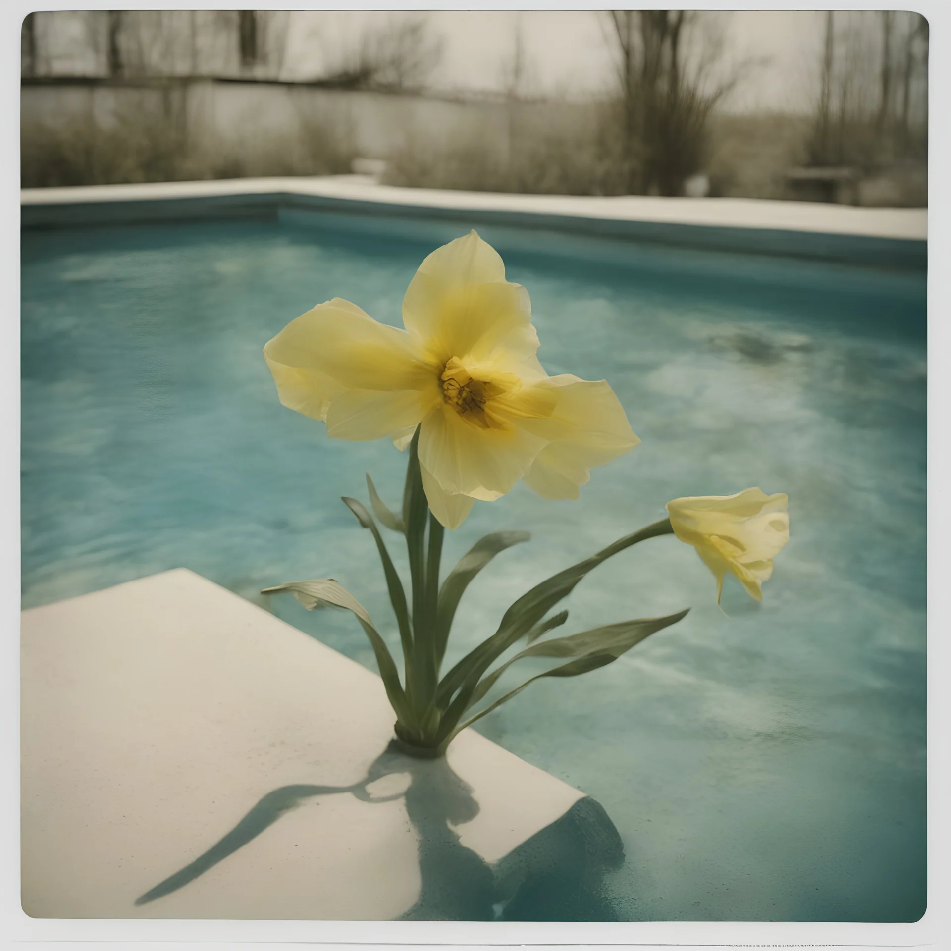Daffodils in a swimming pool, old worn and damaged polaroid