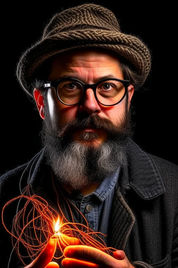 Man with a wire in his hand, hardrocker, glasses, hat, little beard, firestarter