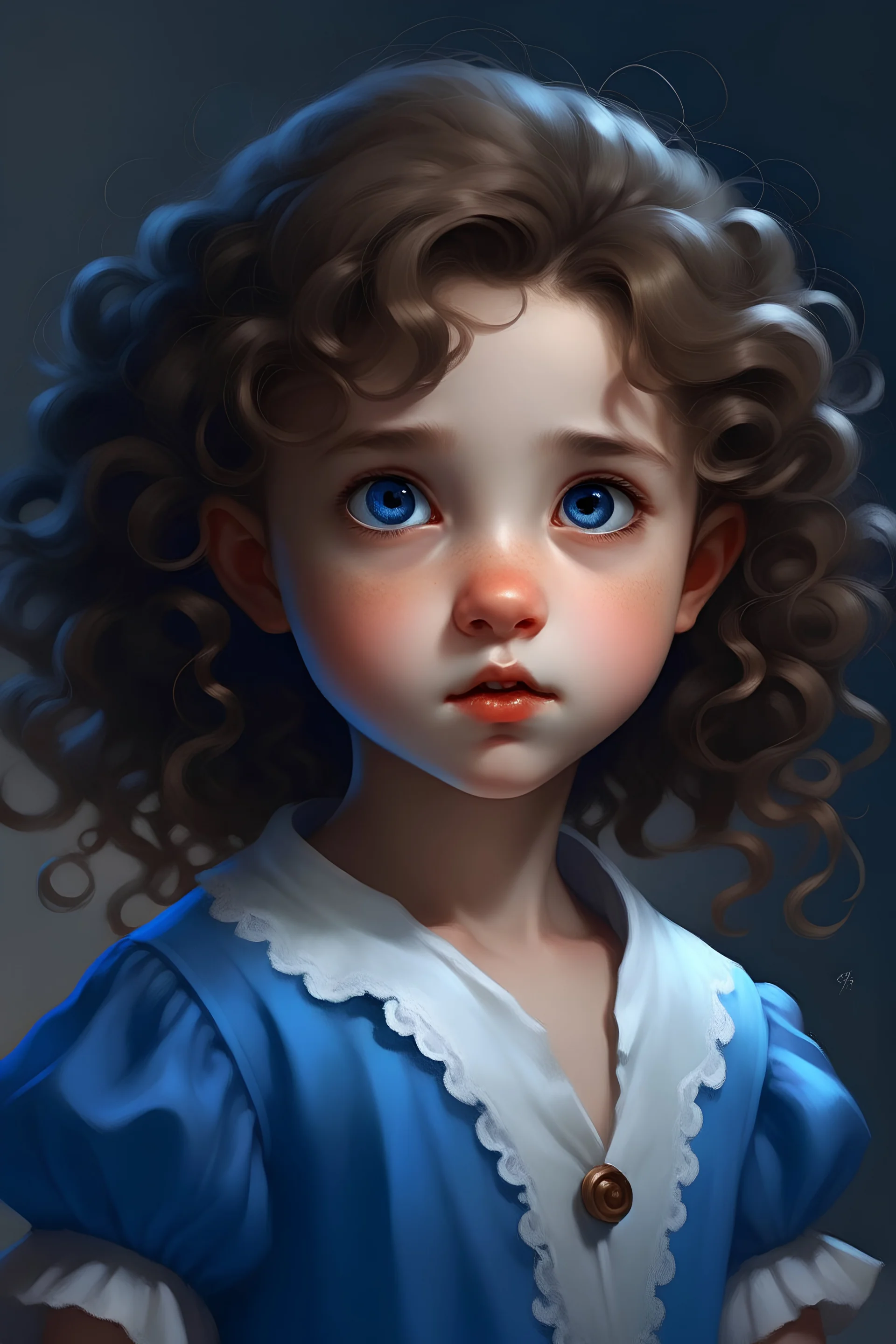girl with curly brown hair. She is small and has big, bright eyes, which often express her curiosity and innocence. Her outfit is generally simple, consisting of a blue and white dress, with a white blouse underneath and silver shoes crying