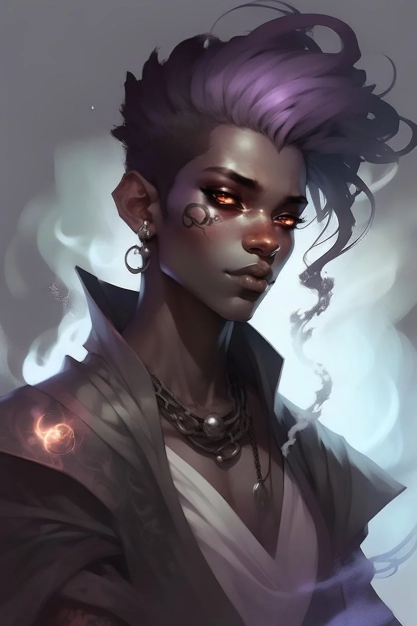 Male Air genasi fra d&d with black skin smoke some hair an Asian skin ghostly appearance with a Smokey undertone