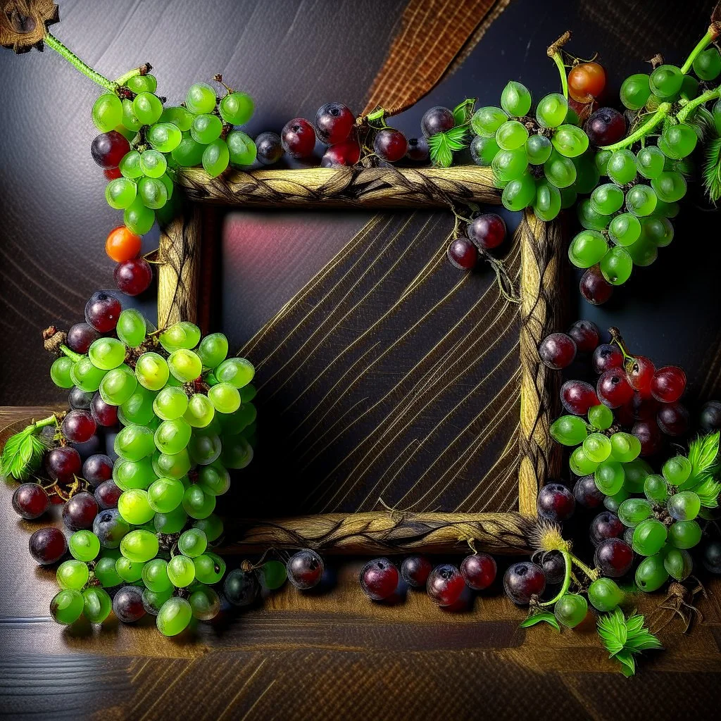 A square frame made with hanging bunches of grapes and raisins