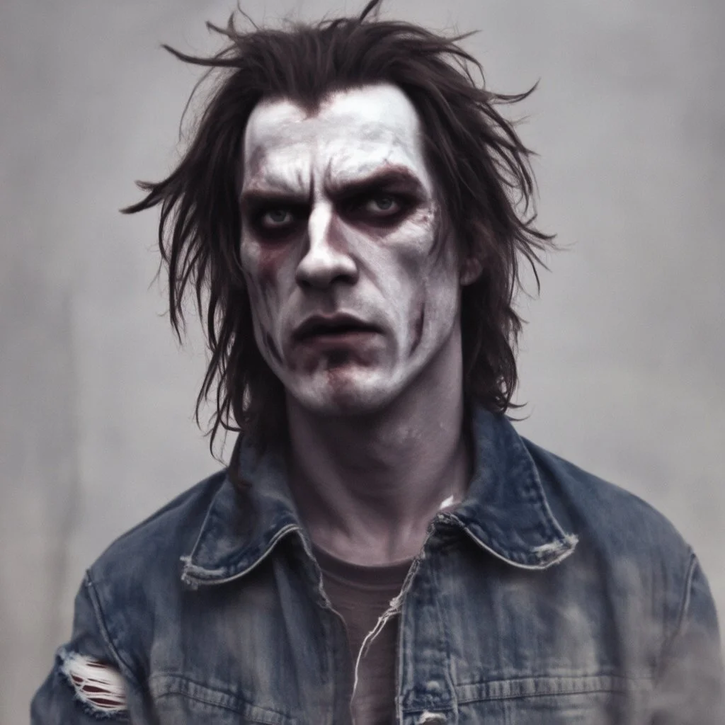 very grainy discolored 2000s photo, closeup portrait, dark night alley with no lights, grunge, extremely gaunt male with chalk-white skin wearing a ripped jeans jacket, animalistic, imposing, guarded, very long and messy hair, scrutinizing look in the eyes, gangrel