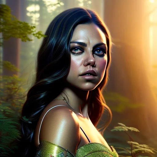 a beautiful closeup portrait of mila kunis, magical forest background, serene colors, dramatic light, gorgeous view, depth, high detail, digital art, painted by seb mckinnon and greg rutkowski, trending on artstation