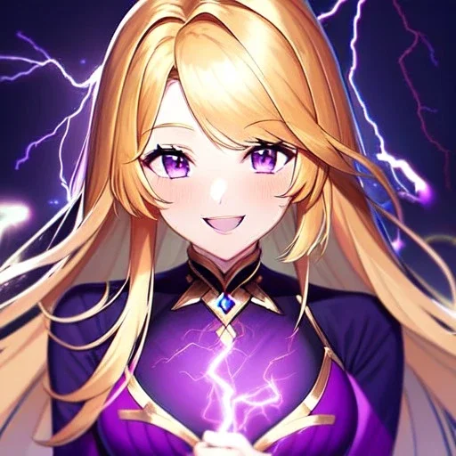 8k, Girl, high quality, detailed, golden hair, purple eyes, beautiful lighting, vibrant colors, laughing, lightning magic