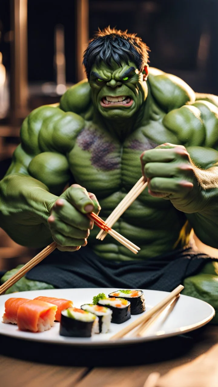 a hulk eating sushi with chopsticks, photo, 8K UHD,