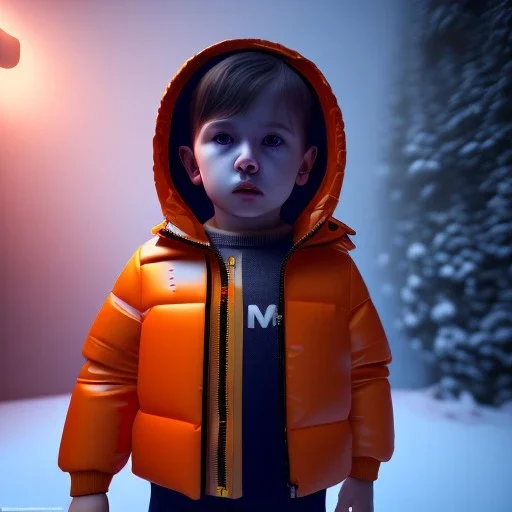 Gaspar noe toddler, hand camera, full body, orange puffer jacket, dramatic lighting, hyper realistic, 8k quality, unreal engine 5