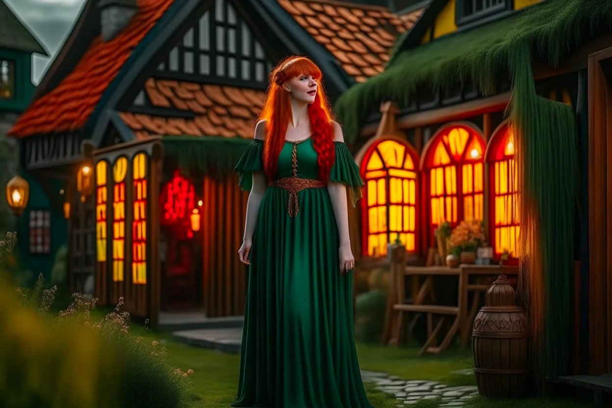 Full body shot of a tall slim pretty, red-headed young female witch, casting magical glowing symbols into the air, dressed in a long flowing green dress, standing in front of a row of cottages and shops with thatched roofs