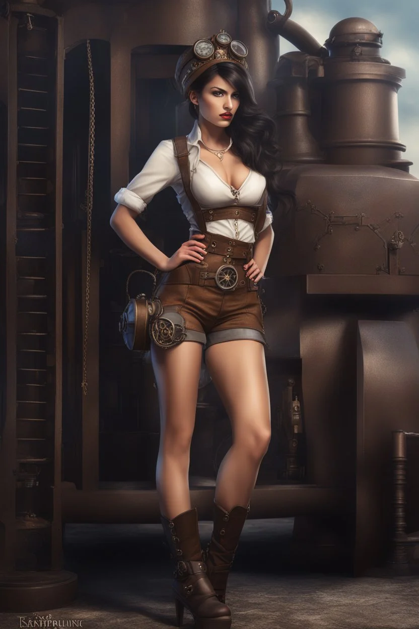 Photorealistic full-height photo of a fantasy skinny pin-up girl in steampunk shorts with long, dark hair