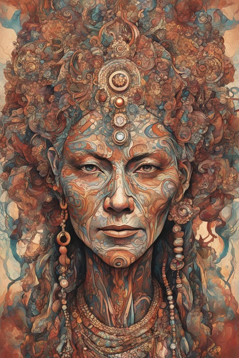 create an abstract expressionist full body illustration of a deeply spiritual, ethereal, darkly magical, epic aged and withered nomadic tribal matriarch with highly detailed and deeply cut facial features, searing lines and forceful strokes, precisely drawn, boldly inked, with rich striking earth tone colors