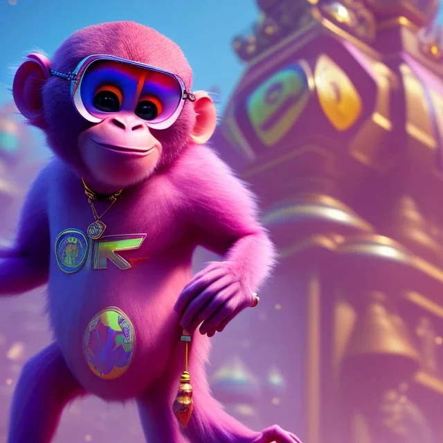 pixar style anamorphic cute monkey baby, smiling, gangsta gold neckless, full body, magenta puffer jacket, manila city backdrop, dramatic lighting, hyper-realistic, unreal engine 5, 16k. full detailed, bitcoin