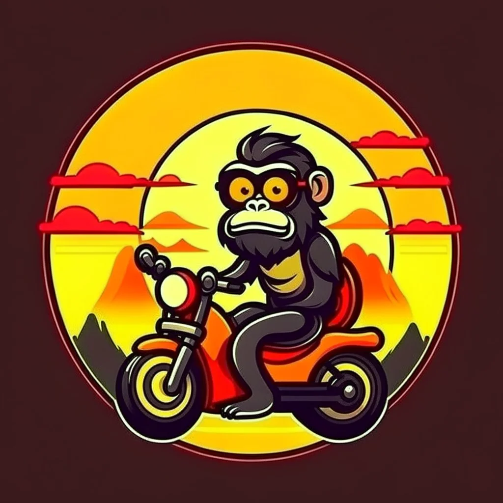 Monkey riding a scooter motorcycle with sunglasses and a big smile, have a mountain sunset on the background, make a round logo