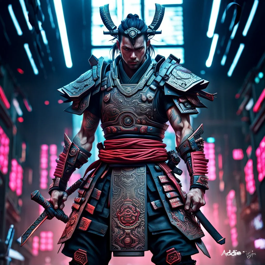 Fhoto full body, reality, Raw, samurai as cyberpunk god war, digital art, with logo text "addie", intricate details, powerful composition, captivating, , trending on artstation, sharp focus, studio photo, intricate details, highly detailed high tech, by addie_digi