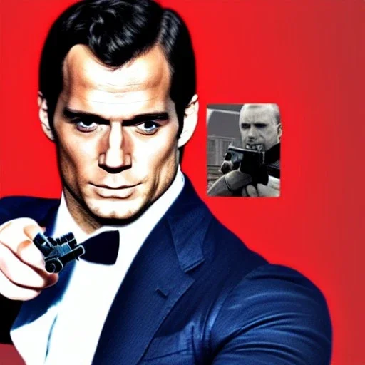 henry cavill as james bond, pointing gun, with spiral background and red square in moscow