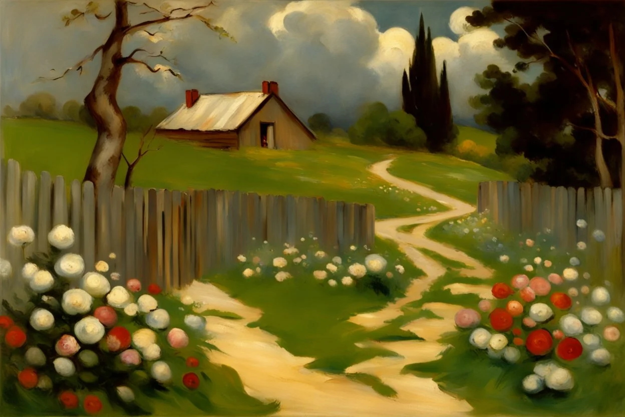 Clouds, cabin, spring trees, little pathway, fence, flowers, edouard manet impressionisn painting