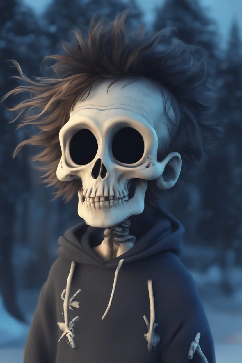 a cute animation boy, skateboarding , trendy hoody, 8 k, tim Burton skeleton style from the movie "night before Xmas", realistic animation, gothic