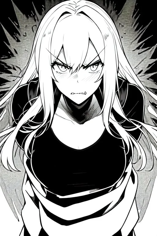 angry blonde girl, angry pose, greyscale