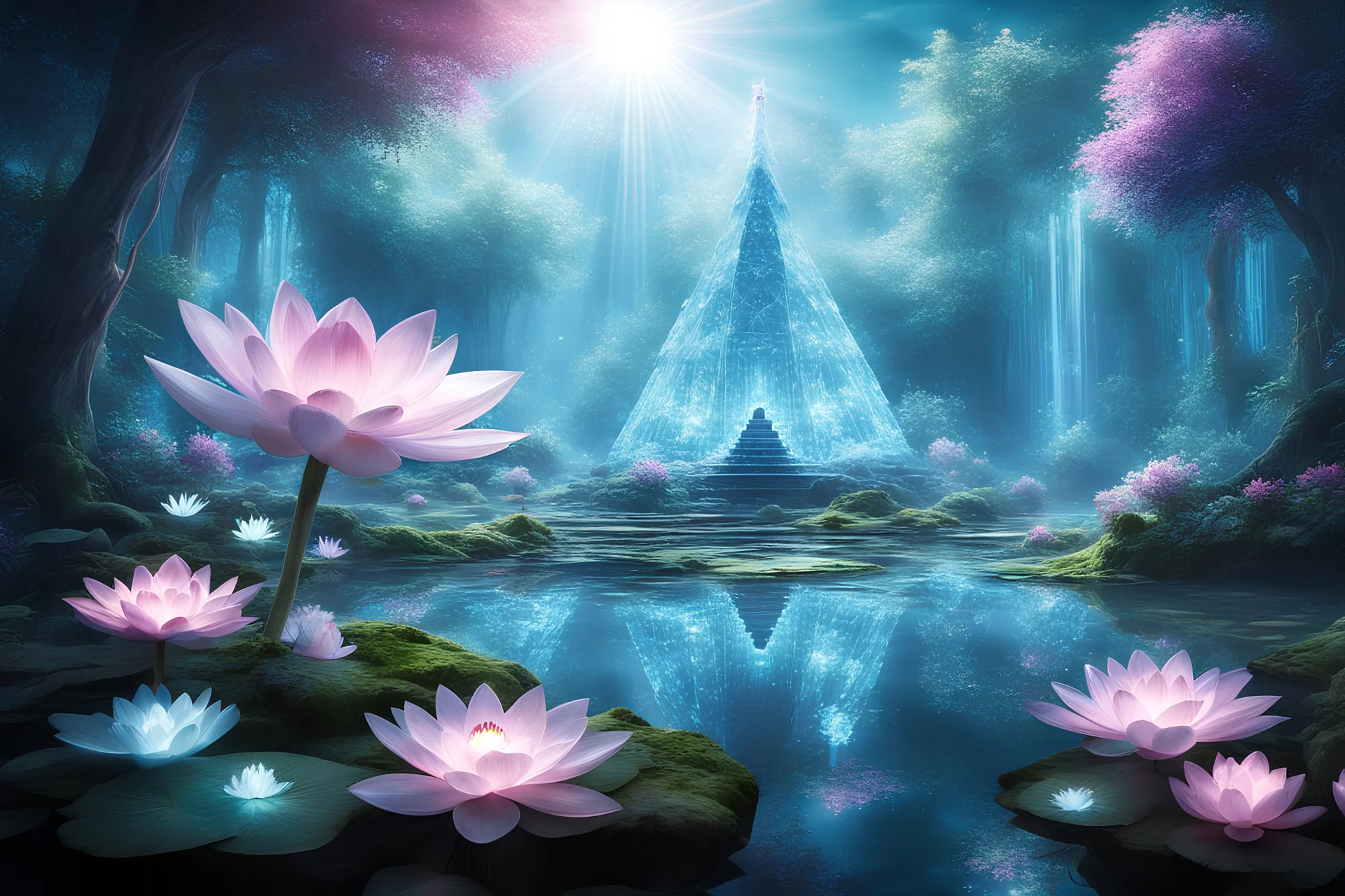 in a magical forest a magnificent crystal palace, pink and blue light, dancing light particles present everywhere, a small turquoise lake, a small waterfall, crystal flowers, crystal cluster, special lighting,in the center of the lake a small island with a crisystal pyramid , rays of sun, in the foreground luminous white lotus flowers, magical atmosphere, very good definition, many refined details