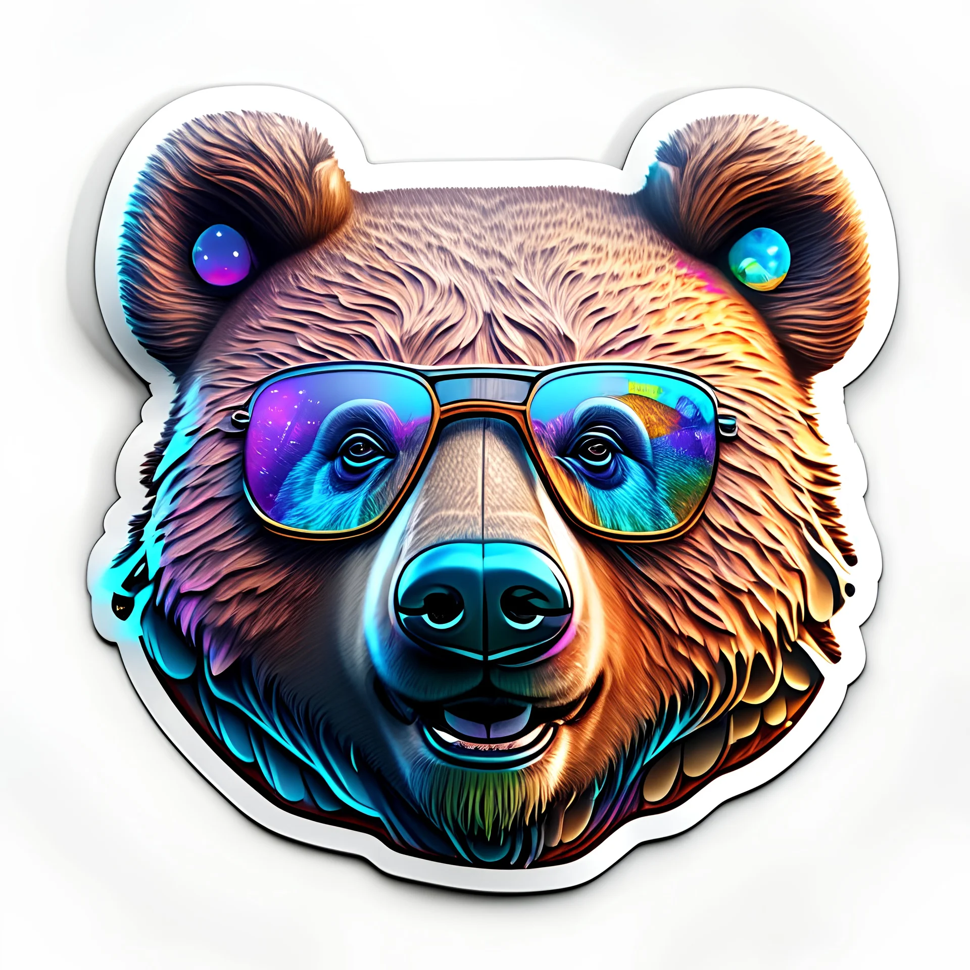 sticker on white background, 3d Head of a Bear with glasses, psychedelic, octane render, unreal engine 5, DMT art, funny, smiling