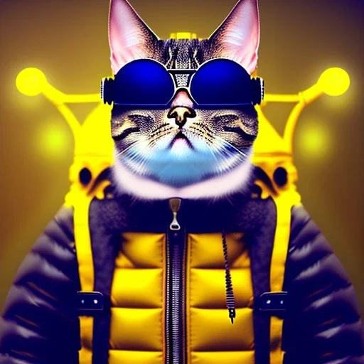 Cat toddler, steampunk headphone, sunglass, gangsta neckless, full body, yellow puffer jacket, tokio background, dramatic lighting, hyper realistic, unreal engine 5, 16k