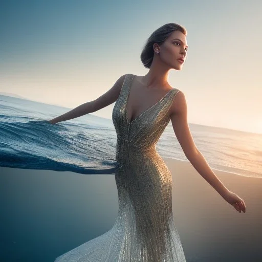 woman rising from the water in gown, realistic, beautiful woman, high definition, 8k