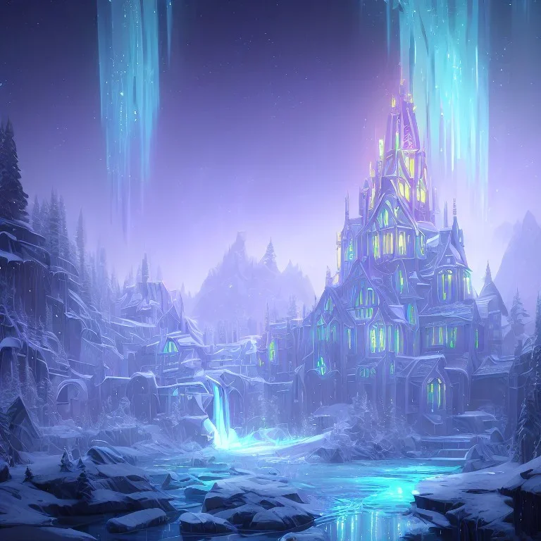 white and gold crystal castle，waterfall, winter snow flakessnow, northern Lights, full of details, smooth, bright sunshine，soft light atmosphere, light effect，vaporwave colorful, concept art, smooth, extremely sharp detail, finely tuned detail, ultra high definition, 8 k, unreal engine 5, ultra sharp focus