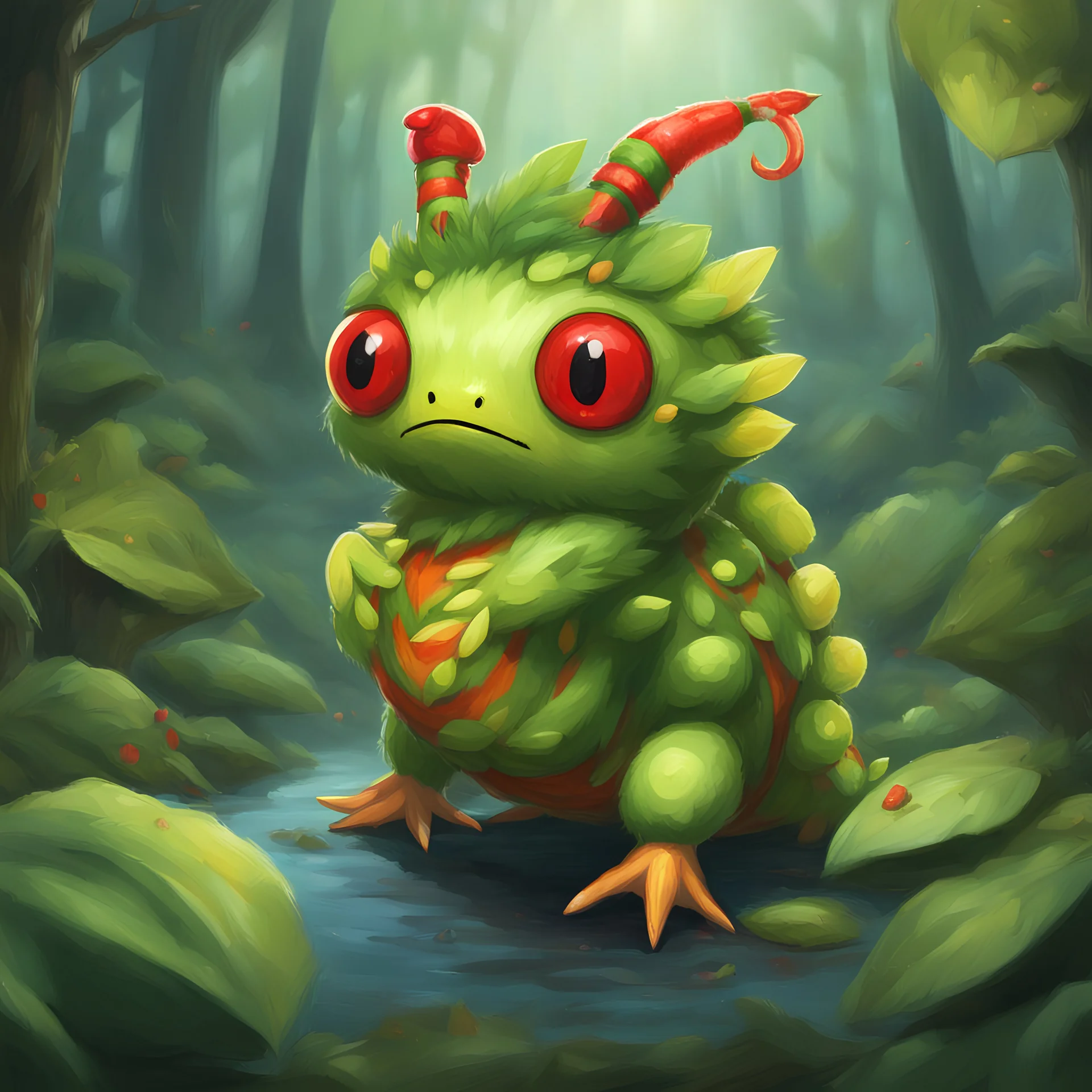 Kiwi Caterpie with green feathers and red Y horn, Type is Bug/Water, best quality, masterpiece, background forest, in zelda art style