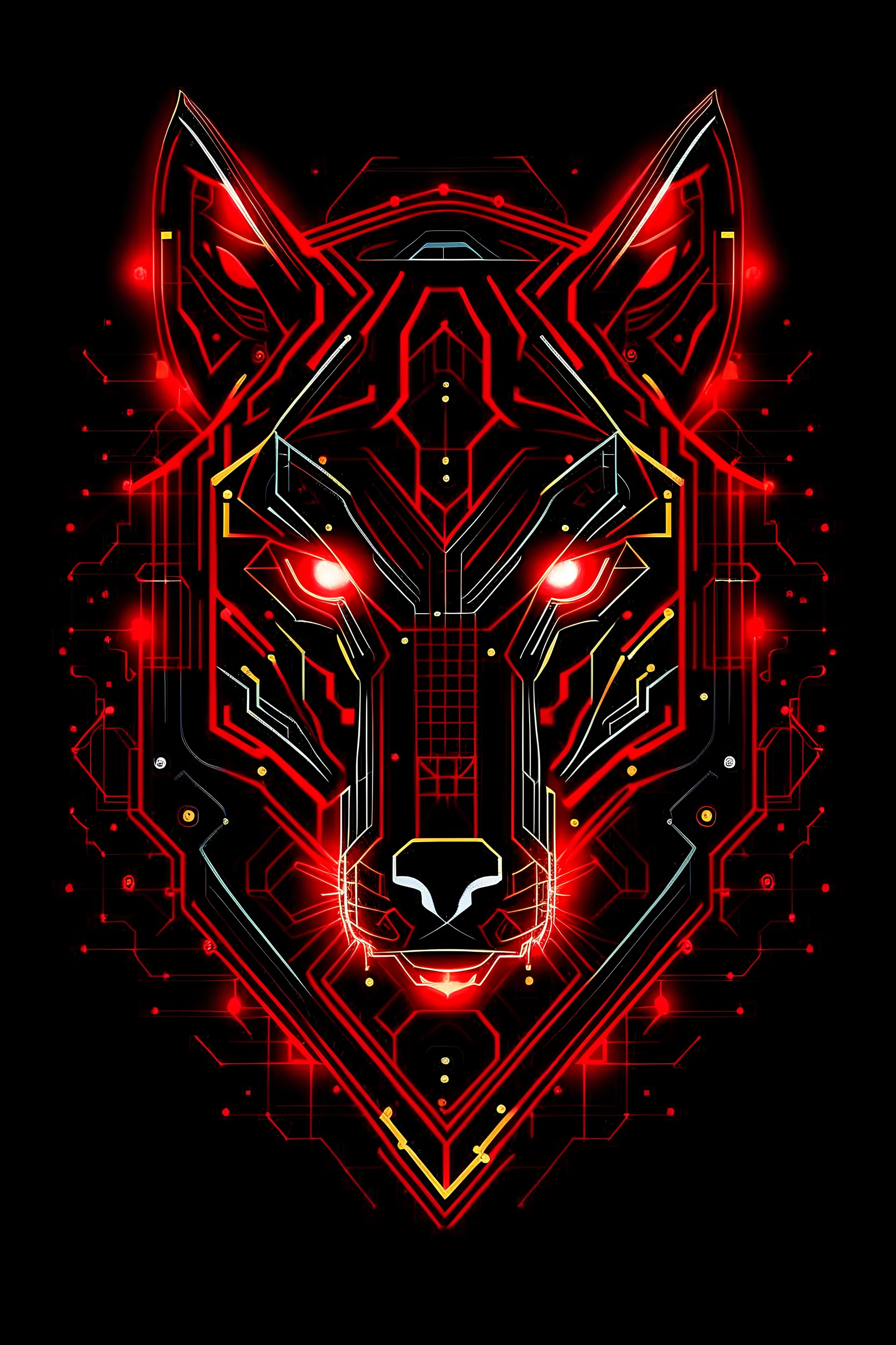 Create a logo featuring an elektronic PCB circuit in the shape of a wolf's head against a black background with red electric sparks. The red electric sparks should add a dynamic and energetic element to the design.