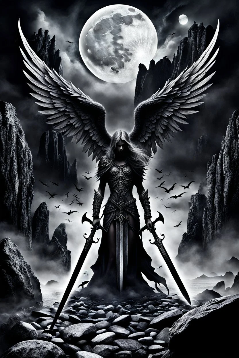surreal dreamlike scene, stunning warrior fallen angel with sword, mystic gloomy, dark shadows and vertical pale light, stones, rocks, dark vibe, come strom , dark colors, , moon with black darkness, fog, detailed, spalh art, black and white art